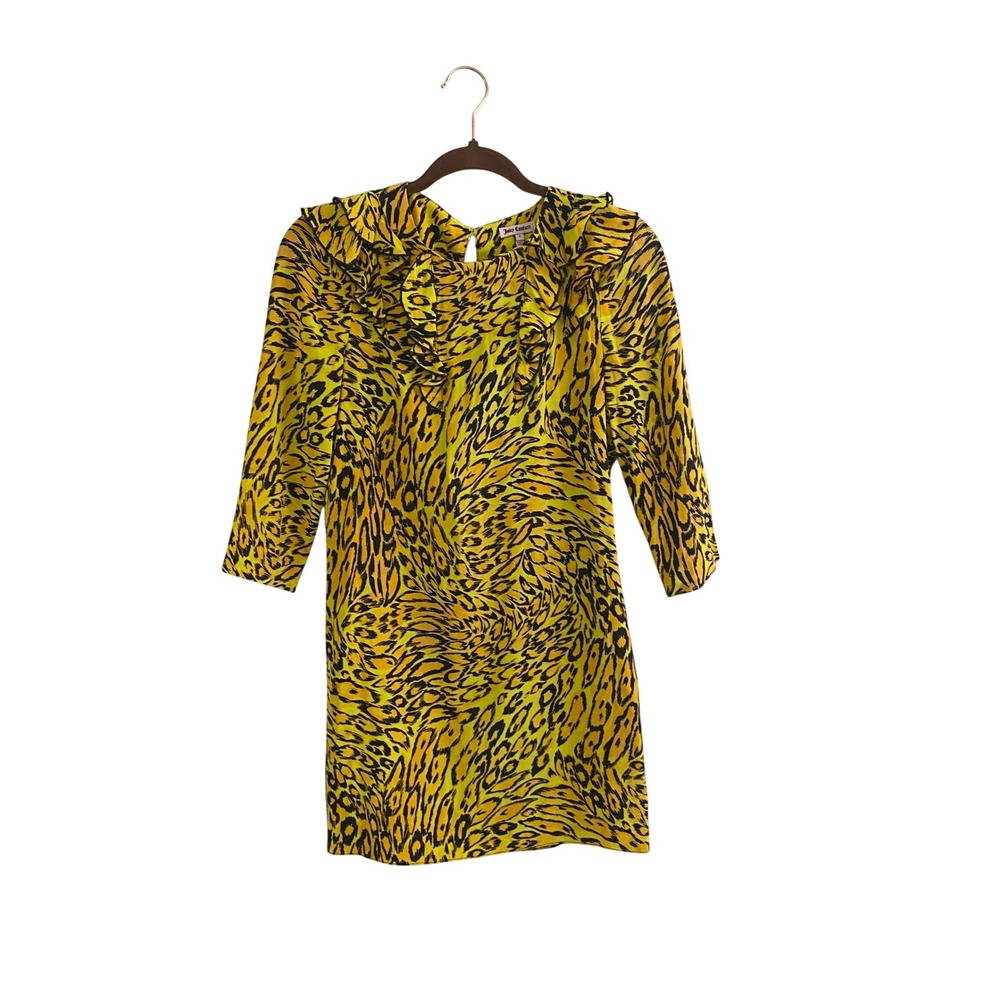 Juicy Couture 100% Silk Leopard Print Ruffle Dress Yellow Black Animal Y2K Indie